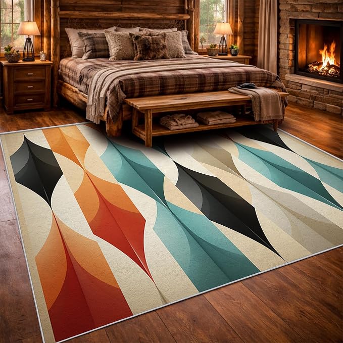 Mid Century Modern Area Rug 5x7, Washable Non Slip Low Pile Abstract Geometric Carpet for Living Room Bedroom Dining Room, Contemporary Retro Accent Rug, Ivory Teal Orange Black
