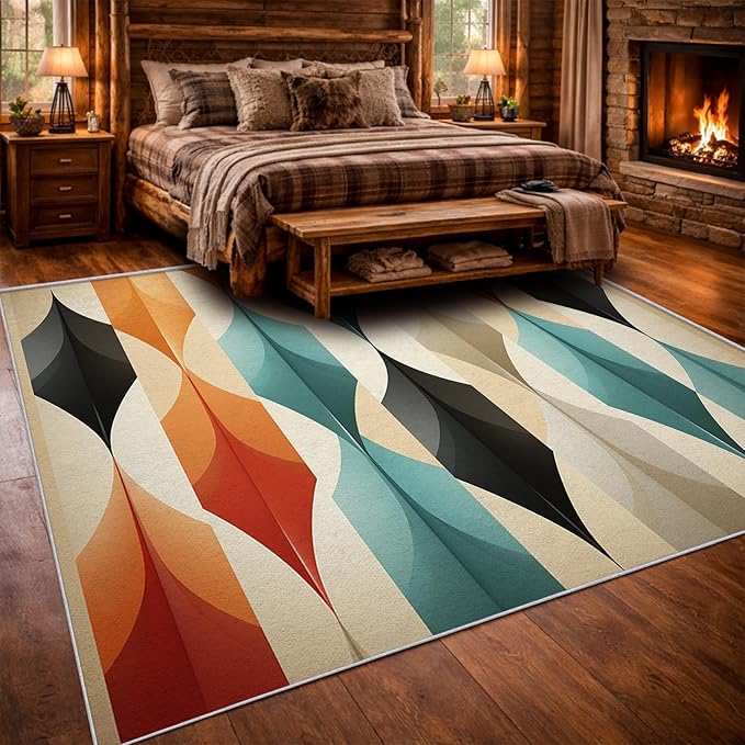 Mid Century Modern Area Rug 5x6, Washable Non Slip Low Pile Abstract Geometric Carpet for Living Room Bedroom Dining Room, Contemporary Retro Accent Rug, Ivory Teal Orange Black