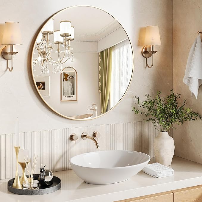 36" Gold Round Mirror for Wall, Large Circle Bathroom Mirror, Matte Gold Metal Frame, HD Eco-Friendly Glass, Contemporary Vanity Entryway Hallway Living Room Home Decor, Easy to Hang