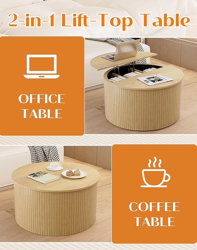 Fluted Round Coffee Table with Lifting Top, 31.5" Oak Small Circle Coffee Table with Storage for Living Room