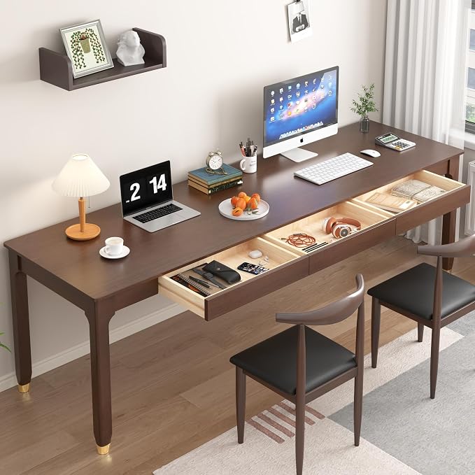 70.9” Long Solid Wood Desk with Drawers - Mid Century Modern Office Desks, Executive Computer Desk for Two People, 2 Person Desk|Gaming Writing Study Table for 2 Monitors-Dark Walnut