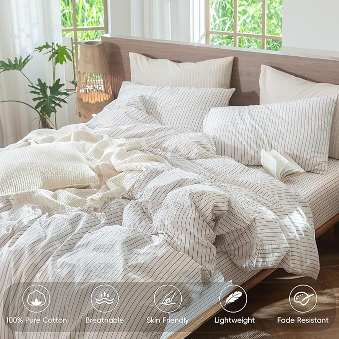 MooMee Striped Duvet Cover Set 100% Washed Cotton Linen Like Textured Breathable Durable Soft Comfy (White Orange Wide Stripes, Oversized Queen 98"x98")