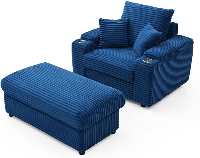 Eafurn 43.3" Oversized Accent Chair with Storage Ottoman Convertible Chaise Lounge, Corduroy Cloud Sofa Chair w/Cupholders, Modern Extra Wide Armchair
