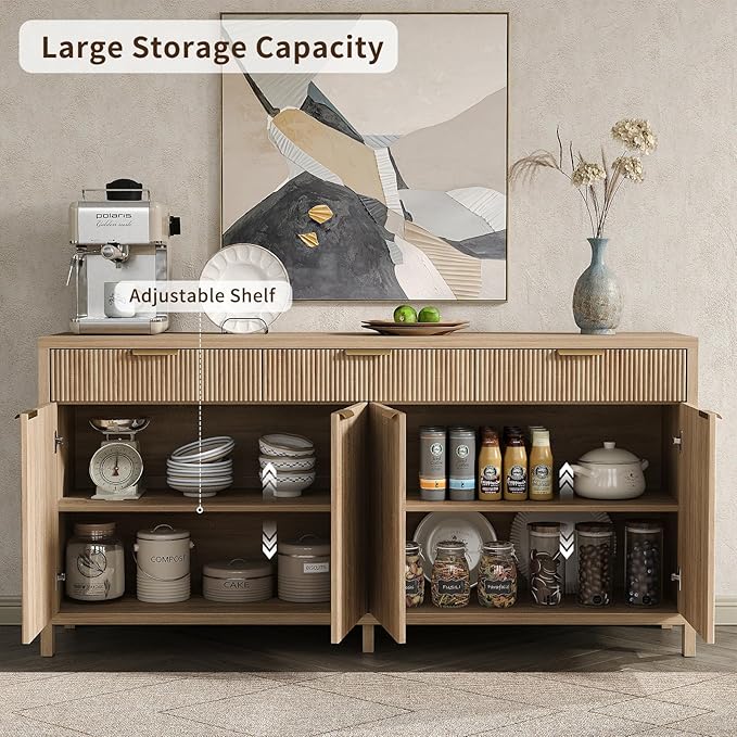 66" W Fluted Buffet Cabinet, Sideboard Storage Cabinet with 3 Drawers & 2 Cabinets, Mid-Century Coffee Bar Table for Living Room, Dinning Room, Natural