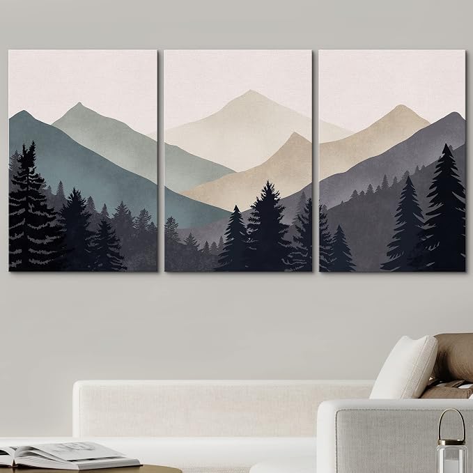 wall26 Canvas Print Wall Art Set Blue Gray Duotone Mountain Forest Abstract Nature Illustrations Modern Art Nordic Decorative Wilderness Zen Minimal Boho for Living Room, Bedroom, Office - 24"x36"x3