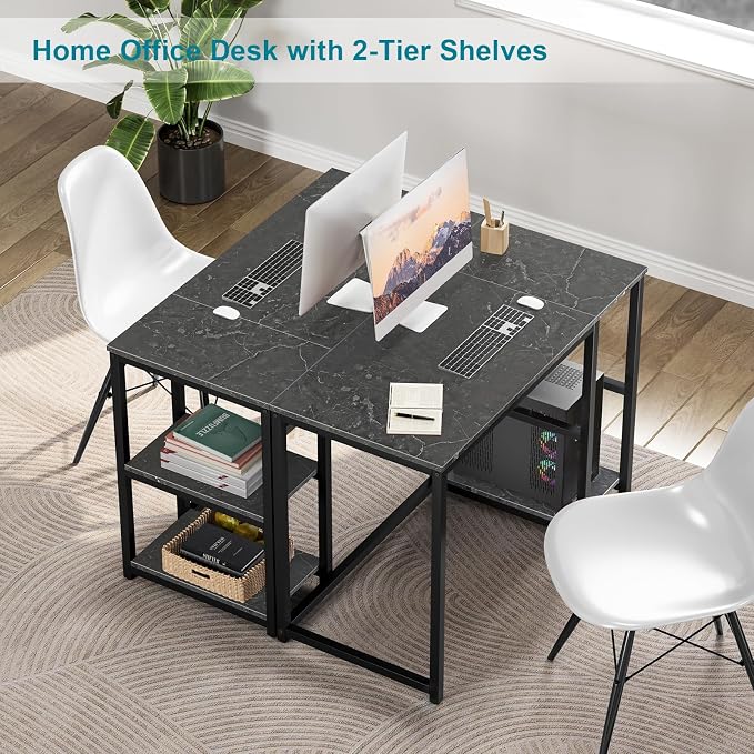 SINPAID Computer Desk 40 inches with 2-Tier Shelves Sturdy Home Office Desks with Large Storage Space Modern Gaming Desk Study Writing Laptop Table, Black Marble
