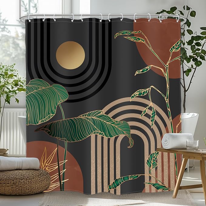 Glawry Brown Abstract Mid Century Shower Curtain Boho Retro Tropical Palm Tree Sun Arch Modern Bathroom Aesthetic Geometric 72Wx78L Inches Bath Accessories Art Home Decor Fabric 12 Pack Hooks