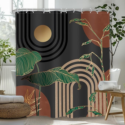 Glawry Brown Abstract Shower Curtain Boho Retro Tropical Palm Tree Leaves Bathroom Minimalist Aesthetic Modern 72Wx96L Inches Bath Accessories Art Home Decor Fabric 12 Pack Hook