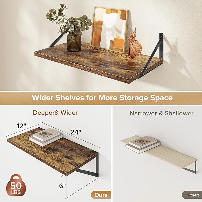 Deep Floating Shelves Wall Mounted, 24"x12" Brown Wood Shelves with Brackets Set of 2 for Bedroom, Living Room, Bathroom, Kitchen, Office - Storage & Display Shelf for Decor, Books, Plants