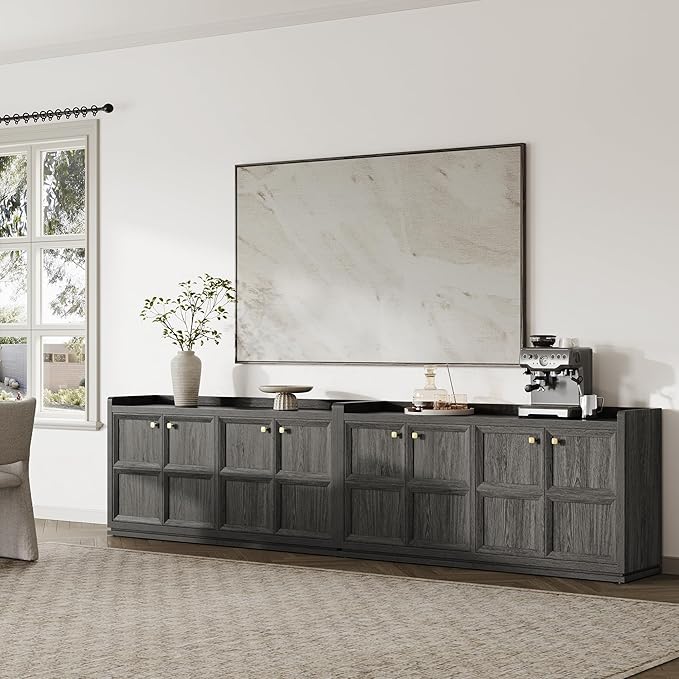 SICOTAS 4-Door Buffet Cabinet - Large Sideboard with Storage & Adjustable Shelves, Modern Credenza Accent Coffee Bar Console Table for Living Room, Kitchen, Entryway, Hallway, Dark Gray Oak, 2 PCS