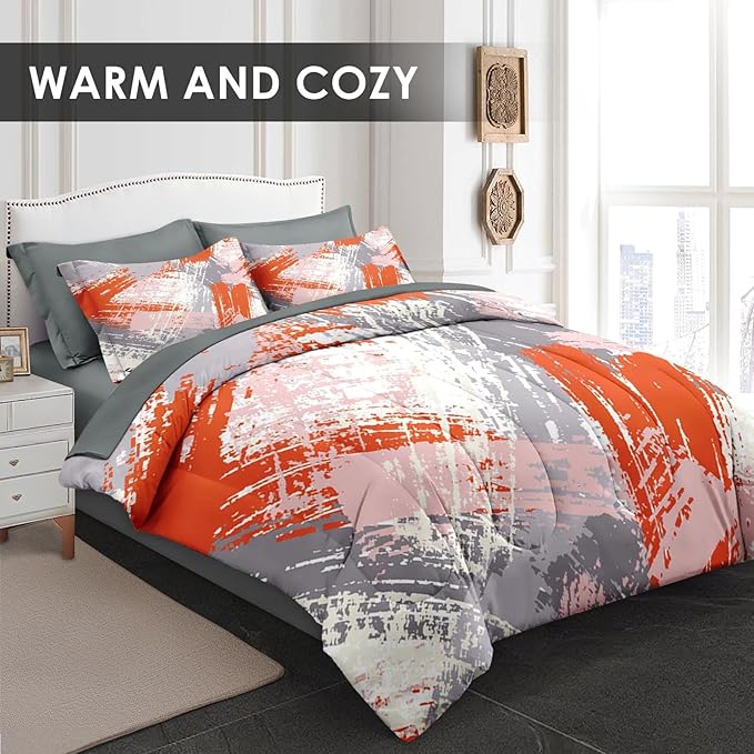 Pamnest Comforter Set King Size, Urban Graffiti Orange Grey 7 Pcs Bedding for Kids and Adults, Abstract Paint Line Bed Sheet Sets with Fitted Sheet 2 Pillowcase & 2 Sham for Bedroom Bed Decor