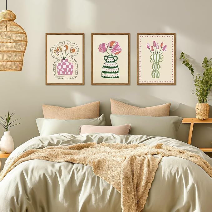 Framed Boho Floral Canvas Wall Art Set of 3, Pink Tulip Flower Paintings Wall Decor, Abstract Botanical Pictures Prints Minimalist Home Decor Aesthetic for Living Room Bedroom Office 12×16 inch