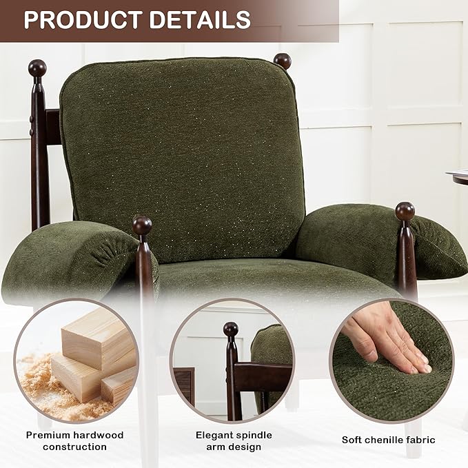 AQO Mid Century Modern Accent Chair with Arms, Upholstered Spindle Chair with Wood Frame, High-Resilience Sponge Cushion for Living Room Bedroom Office