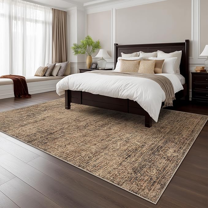 Fmfunctex 6x9 Washable Area Rug Rust Brown Vintage Neutral Distressed Oriental Large Non Slip Carpet for Living Room Bedroom Soft Low Pile Indoor Retro Throw Rug for Dining Room Kitchen Office Nursery