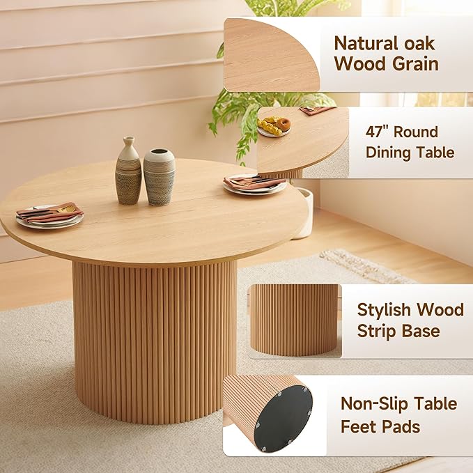 Howtek 47″ Round Dining Table Set for 4-6 People, 5 Piece Modern Kitchen Table with Natural Oak Wood Grain Finish & 4 PU Leather Upholstered Dining Chairs（Curved Backrest & Solid Wood Legs ）