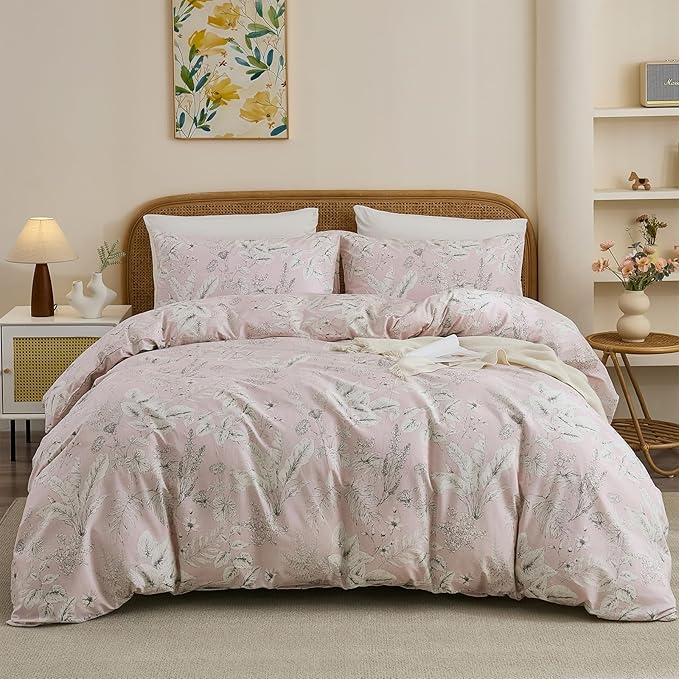 Cozeline Duvet Cover Set Queen Size 100% Nature Cotton Pink Floral Leaf Pattern Duvet Cover Set 3 Pieces Soft & Breathable Bedding Set with Zipper Closure & Corner Ties