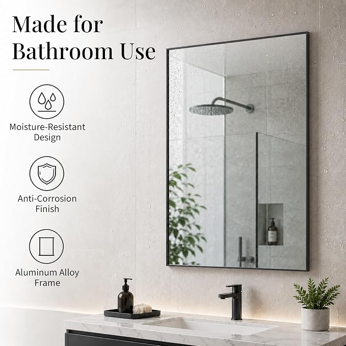 24"x36" Black Bathroom Mirror for Wall, Shatterproof Tempered Glass, Rectangle Thin Metal Frame, Ultra-Flush Wall-Mounted, H/V Mount