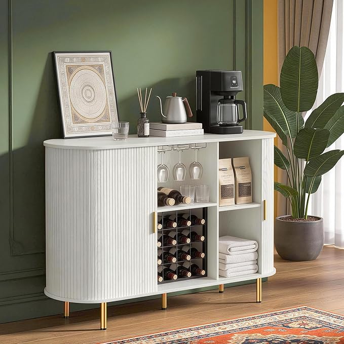DHH 55" Wine Bar Cabinet with Storage, Fluted Liquor & Coffee Bar Cabinet with Wine Rack and Glass Holder, Buffet Sideboard with LED Lights for Home Kitchen Living Dining Room(White)