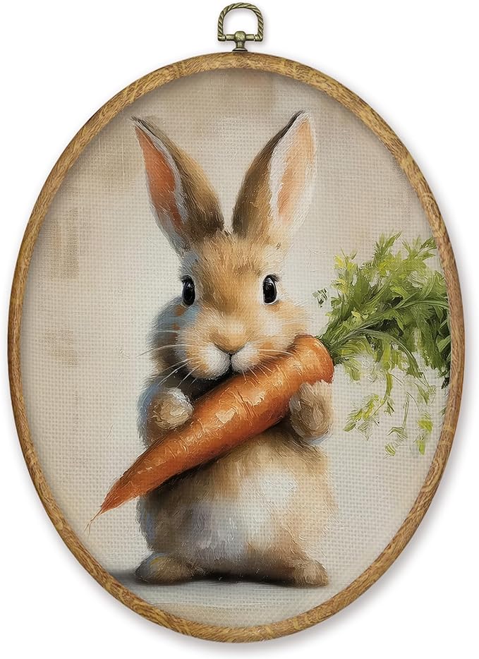CGBHW Vintage Easter Bunny Oval Wall Art Decor, Rustic Bunny and Carrot Canvas Prints Framed, Cottagecore Easter Rabbit Wall Art Hanging Decor for Kitchen Home Bedroom Living Room, 8.6x11.4 Inch