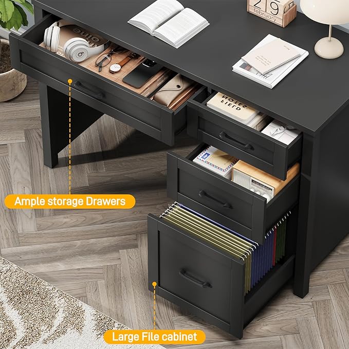 Vabches Farmhouse 47" Executive Desk, Computer Desk with File Drawer and Charging Station, Workstation for Home Office, Study,(Pure Black