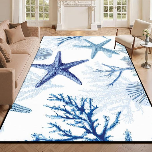 Coastal Starfish Rug 5'x7' Blue Ocean Area Rug Coral Seashell Floor Mat Washable Low Pile Carpet for Bedroom Living Room Kitchen Nursery Playroom Home Decor