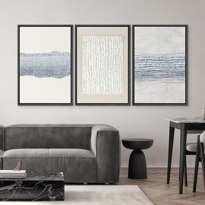 SIGNWIN Framed Canvas Print Wall Art Set Blue White Grunge Geometric Pattern Abstract Shapes Cozy Neutral Modern Art Decorative Contemporary Minimal for Living Room, Bedroom, Office - 16"x24"x3 Black