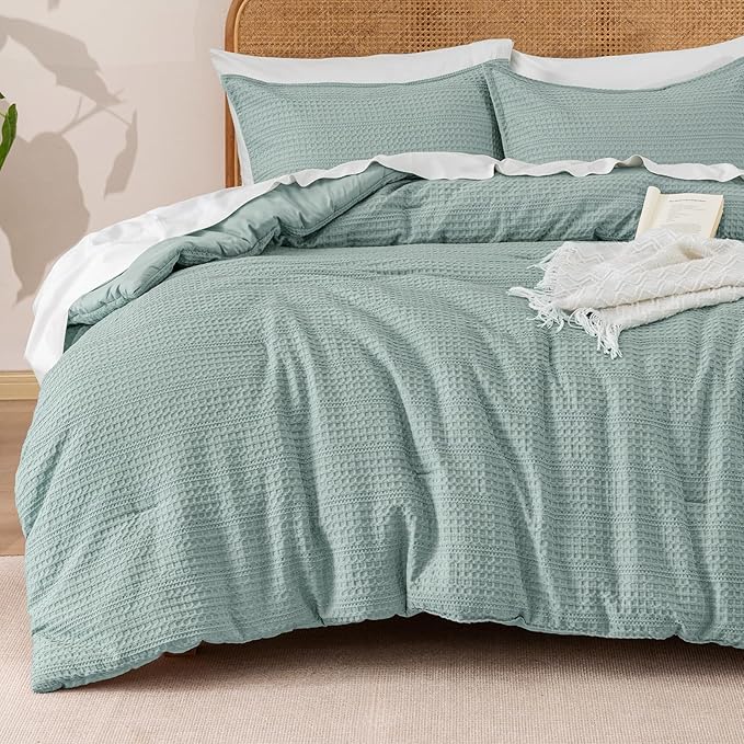 PHF Soft Waffle Comforter Set Twin Size- Comfy Breathable Waffle Weave Comforter with 1 Pillow Shams, 2 Pieces Less Snagging Lightweight Textured Bedding Set for All Season, Dusty Blue