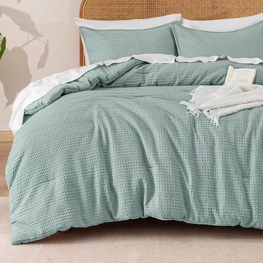 PHF Soft Waffle Comforter Set Queen Size- Comfy Breathable Waffle Weave Comforter with 2 Pillow Shams, 3 Pieces Less Snagging Lightweight Textured Bedding Set for All Season, Dusty Blue