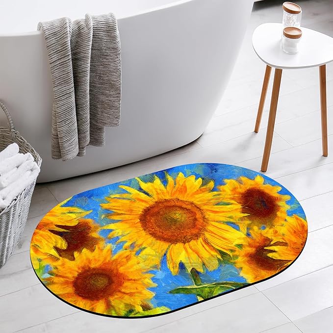 Abstract Sunflower Oval Bath Mat Diatomaceous Mud Mats with Rubber Backing Ultra Soft Washable 23.6"×15.7" Quick Dry Thin Bath Rugs for Bathroom Floor Bathtub Vanity Easy Care