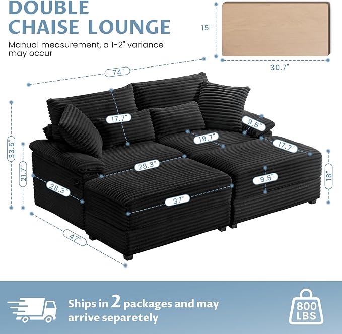74" Double Chaise Lounge Chair Indoor, Oversized Loveseat with Removeable Ottoman, Corduroy Couch with USB Charging, Storage Ottoman, and Coffee Table Cushions for Living Room (2 Chaise Black)
