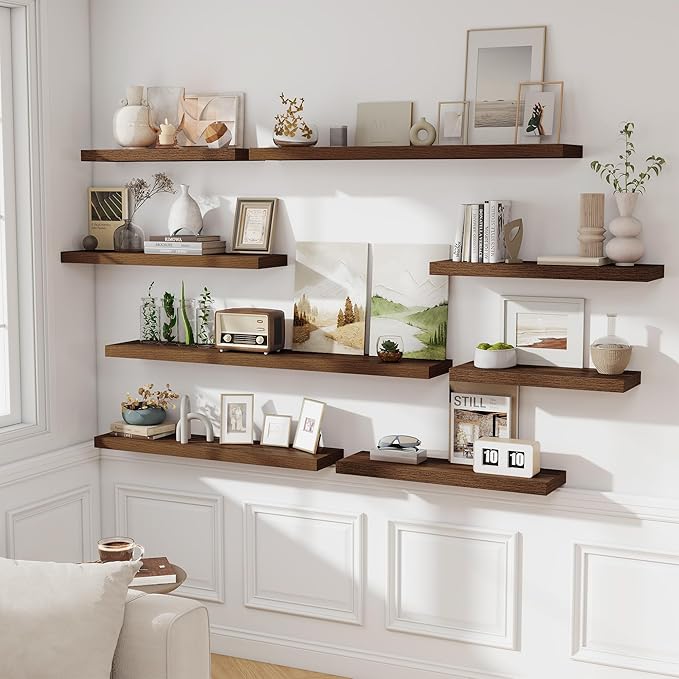 Fun Memories 55 Inch Long Floating Shelves for Wall, 8" Deep Floating Shelves for Bathroom Living Room Bedroom, Rustic Wall Mounted Shelf with Invisible Heavy-Duty Bracket, Set of 2, Walnut