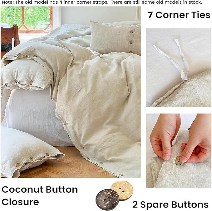 Simple&Opulence 100% Linen Duvet Cover Set 3pcs with Coconut Button Closure Natural French Washed Flax Solid Color Soft Breathable Farmhouse Bedding - Linen, Full Size