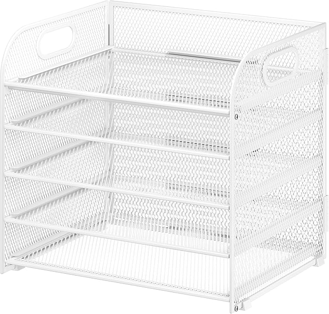 5 Tier Paper Organizer with Handle, White Metal Mesh Desk Organizer File Folder Paper Letter Tray Desktop Document Sorter for Classroom, School, Office Accessories Organization and Storage