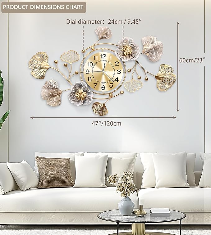 Clocks for Living Room, Large Wall Clock, Silent Wall Clock, Retro Metal Ginkgo Leaf Design, for Bedroom Kitchen Decorative Wall Clocks（47''x23'' ）