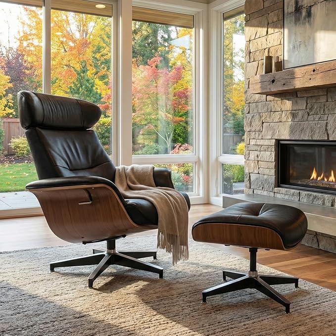 Mid Century Modern Chaise Lounge Chair with Ottoman,Swivel Accent Chair Top Black Full Grain Leather,Walnut Wood,Adjustable Backrest Headrest,Heavy Duty Metal Base for Office,Living Room,Black