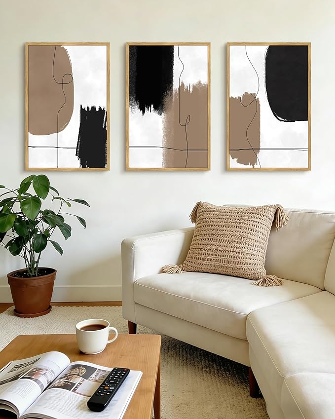 KUVIOKE Neutral Abstract Framed Wall Art Beige Mid Century Textured Wall Decor Minimalist Line Modern Illustrations Art Print Home Decor 24x36in (Natural Framed)