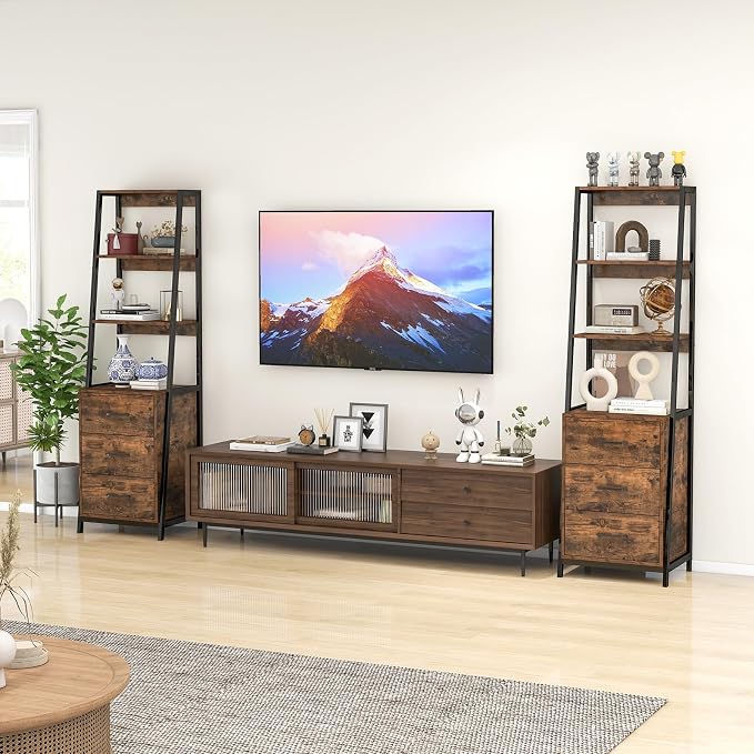 Giantex Ladder Bookshelf with Drawers, 69" Tall Wooden Bookcase with 4 Shelves, Modern Book Shelf Storage Organizer Unit, Freestanding Display Shelving Rack for Living Room, Bedroom (Rustic Brown)