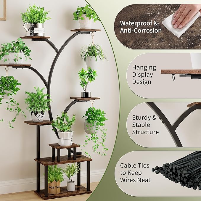 VECELO Plant Stand with Grow Light, 8-Tier Plant Shelf for Multiple Pots , 62" Corner Plant Stand Indoor for Living Room Patio Home Decor