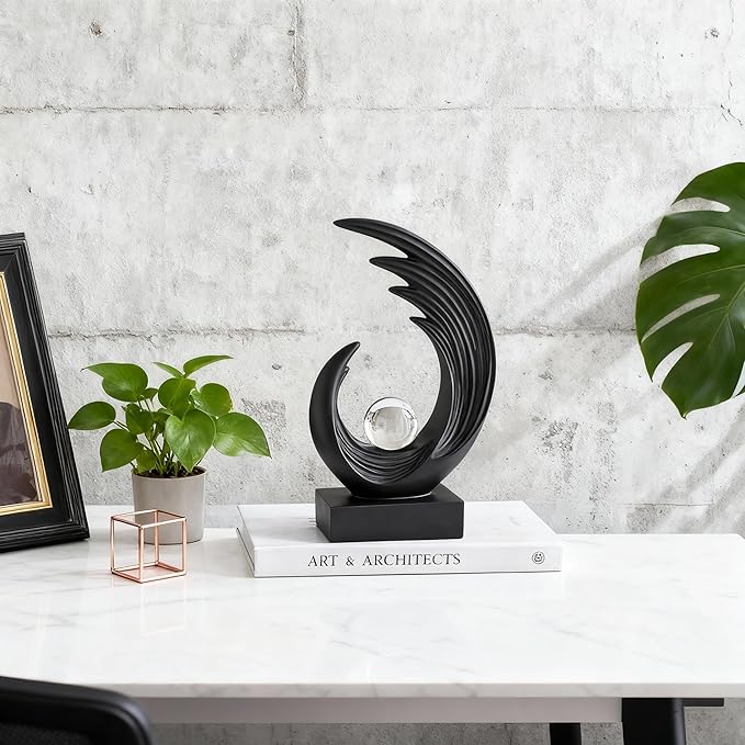 Modern Abstract Art Sculptures, Gold Entryway Table Accents, Black Shelf Decor Accents, Abstract Art Resin Sculpture for Dining Room, Office & Coffee Table – Centerpiece Fireplace Decor (Black)