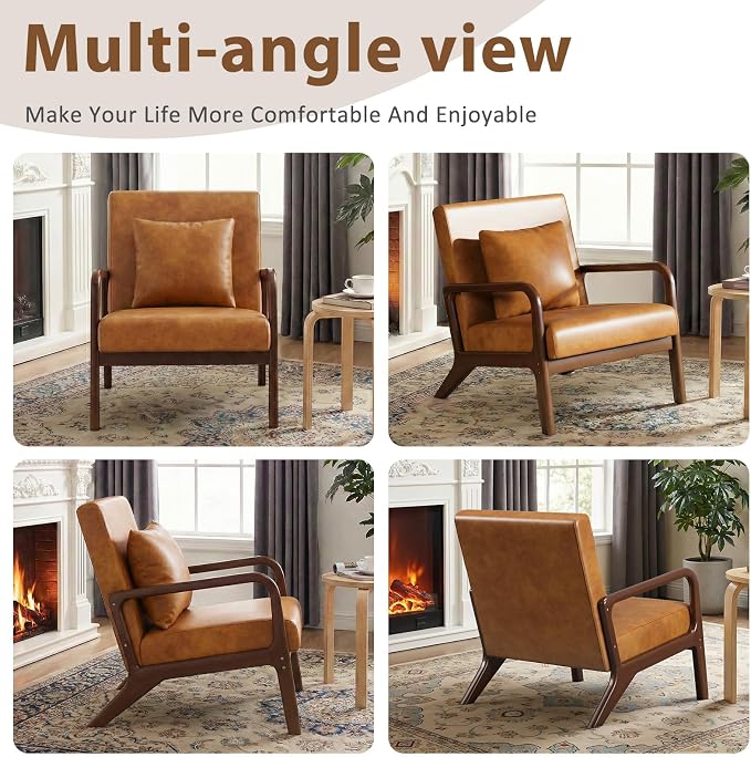 Mid Century Accent Chair, Upholstered Lumbar Pillow Lounge Chair Brown Faux Leather Cozy Leisure Chair Solid Oak Frame Relaxing Retro Living Room Chair for Bedroom Reading Nook