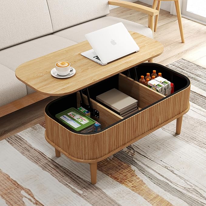 Fluted Lift Top Coffee Table with Hidden Storage, Oval Coffee Table with Lifting Top, Mid Century Modern Design for Living Room, Office & Small Spaces(Natural)