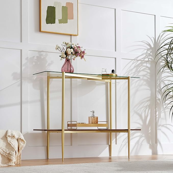 Rectangle Glass Console Table, Mid-Century Modern Design, L41*W14*H32 inch, for Living Room, Clear Glass Top and Walnut Finish Wood Shelf, Conical Metal Legs with Gold Finish