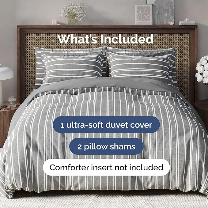 Duvet Cover Queen Size - Extra Soft Queen Size Duvet Cover - Lightweight, Breathable, Easy Care & Fade Free w/Zipper Closures & Ties - 90" x 90" Inches - (Grey Stripes 3) Comforter Not Included