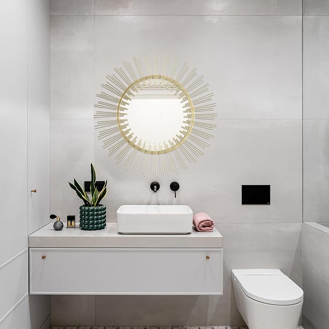 Edvivi Round 31" Antique Gold Sunburst Hanging Wall Mirror with Metal Frame, Decorative Mirror for the Living Room, Bedroom, Bathroom, Hallway, and Entryway