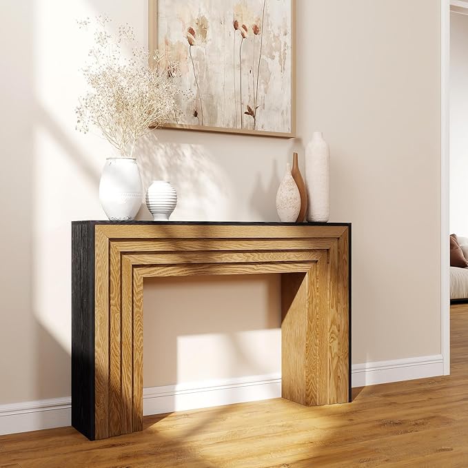 Wood Console Table, 47" Retro Long Sofa Table Behind Couch with Split-Level Design, Wooden Narrow Sofa Table Hall Table for Living Room Foyer Entrance Entryway, Black+Natural