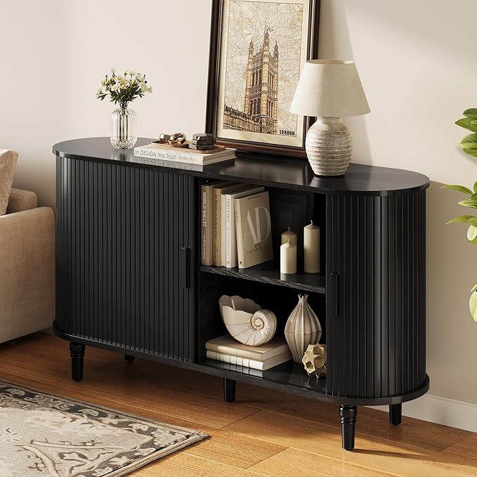 Sideboard Buffet Cabinet with Storage - Accent Kitchen Credenza Console Table with Sliding Door & Adjustable Shelf, Fluted Coffee Bar Sideboards for Living Room, Dining Room, Entryway, Black