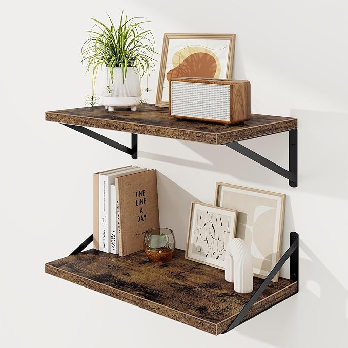 Floating Shelves, 12 Inch Deep Rustic Wood Wall Storage, 24W x 12D Wall Shelves Set of 2, Heavy Duty Metal Brackets, Large Industrial Book Shelf for Living Room, Kitchen, Bedroom, Brown