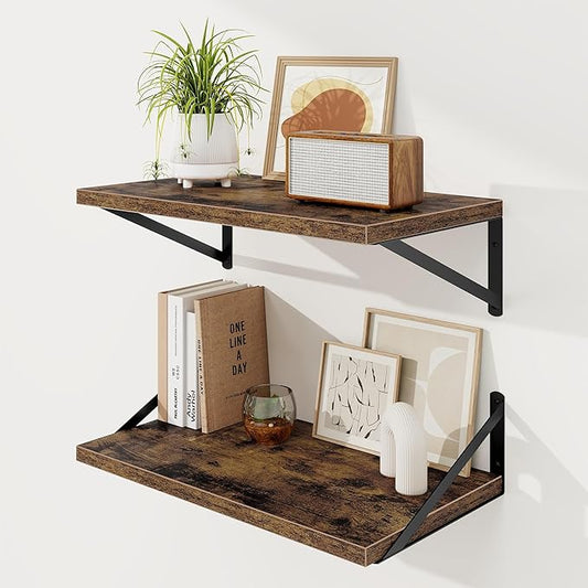 Floating Shelves, 12 Inch Deep Rustic Wood Wall Storage, 24W x 12D Wall Shelves Set of 2, Heavy Duty Metal Brackets, Large Industrial Book Shelf for Living Room, Kitchen, Bedroom, Brown