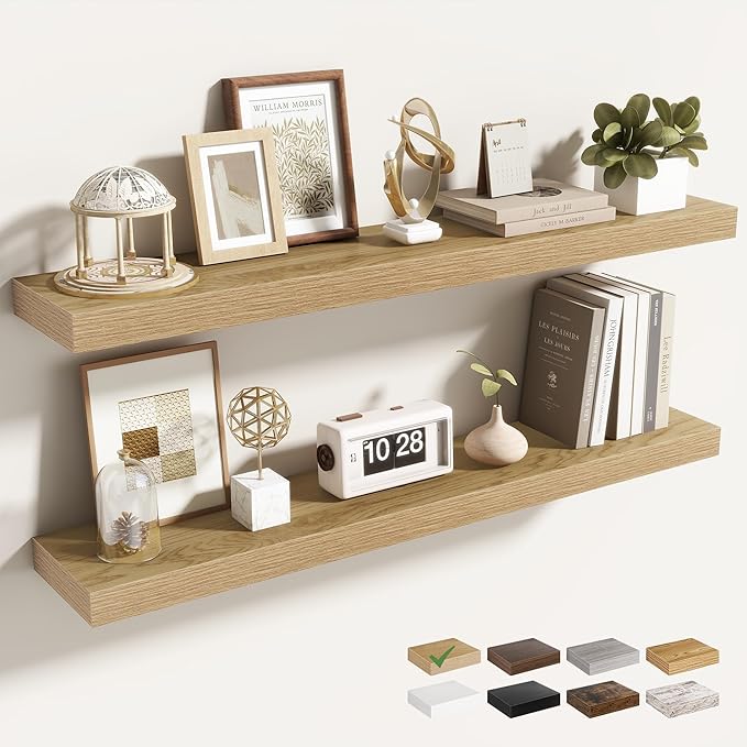 36 Inch Floating Shelves for Wall 2 Pack, 36" Wall Shelves for Books, Storage, Decor, Wall Mounted Floating Shelf with Invisible Brackets for Kitchen, Living Room, Oak