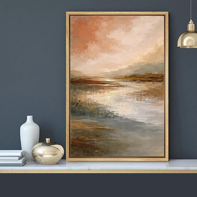 MUDECOR Framed Canvas Print Wall Art Warm Earth Tone Reflective Landscape Illustrations Minimalism Decorative Bohemian Zen for Living Room, Bedroom, Office - 24"x36" NATURAL